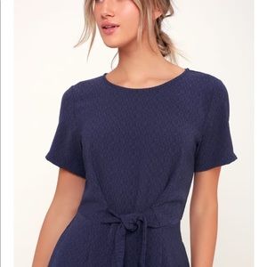 LULUS NAVY BLUE TIE-FRONT SHORT SLEEVE JUMPSUIT LG